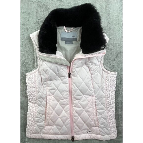 Vintage Nike Quilted Vest Womens Small Pink Faux Fur Collar Running Full Zip Y2K - Picture 10 of 14
